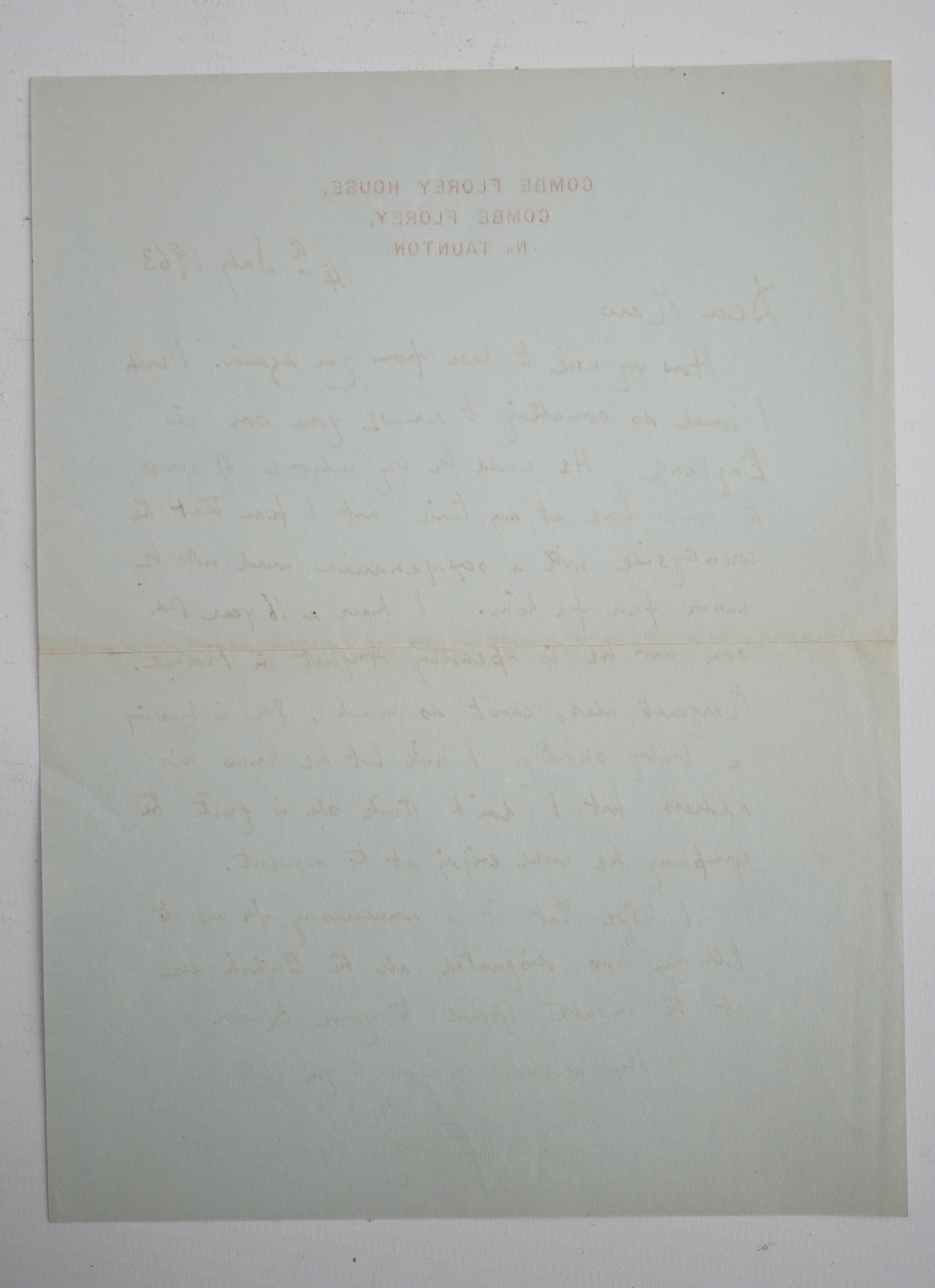 Evelyn Waugh (1903-1966), English Writer and Novelist. A.L.S., Evelyn Waugh, one page, 8vo, Combe Florey, near Taunton, 4th July 1963, to Maro [Stathatos].